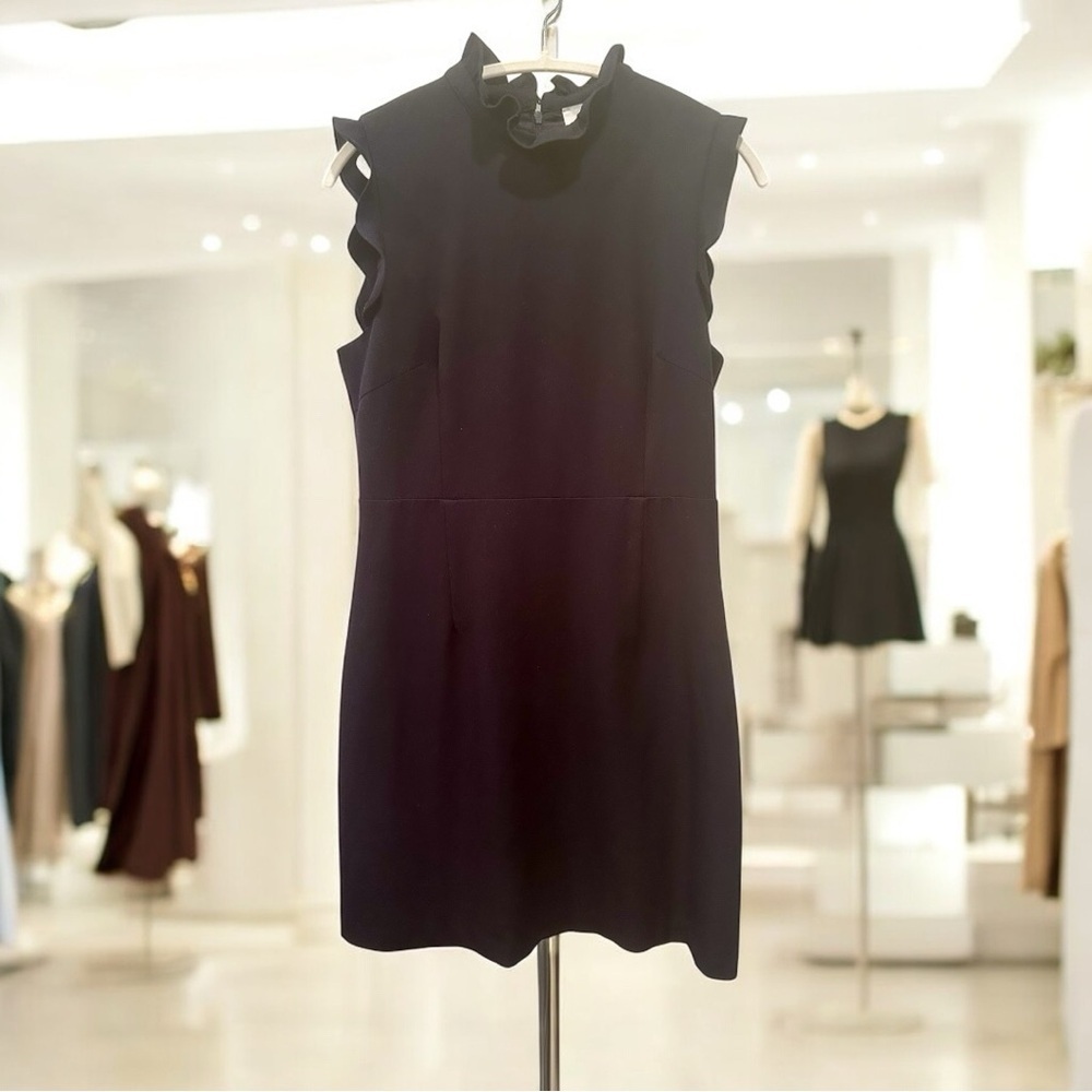 Julie Brown Mya Ruffle Accent Navy Dress Office Church Neutral  Capsule Sz 8